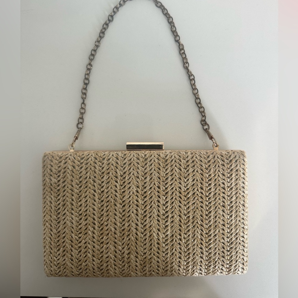 Tan/Cream Woven Clutch Bag with gold hardware